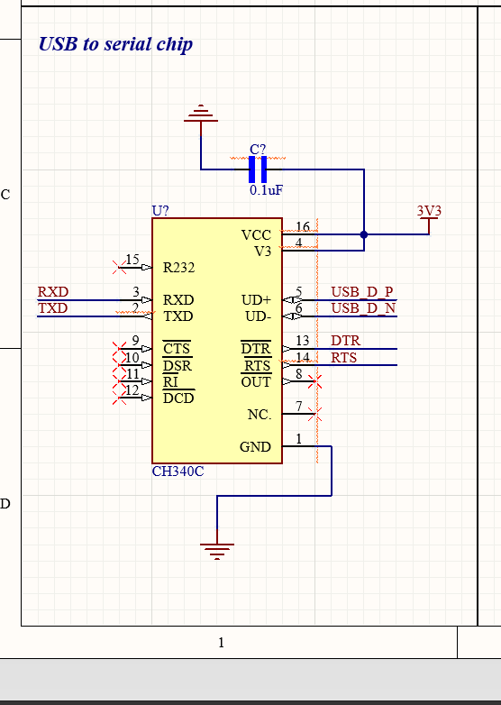 CH340C USB-til-serial kredsløb med RXD, TXD, DTR og RTS