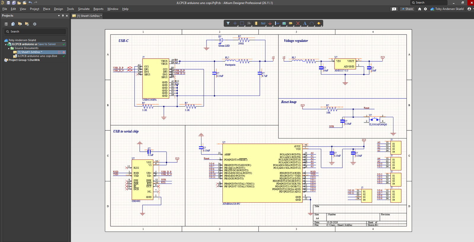 Hele Arduino Uno-projektets schematic vist i Altium Designer