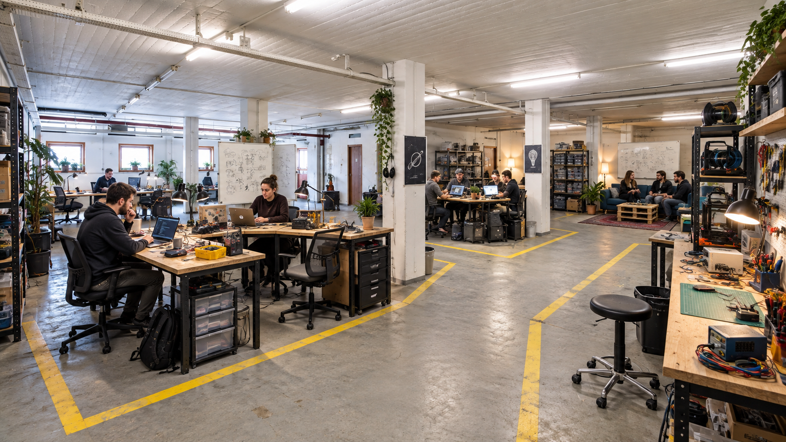 Konceptvisualisering af et kommende større tech-fællesskab med arbejdspladser, værkstedsområder og plads til samarbejde